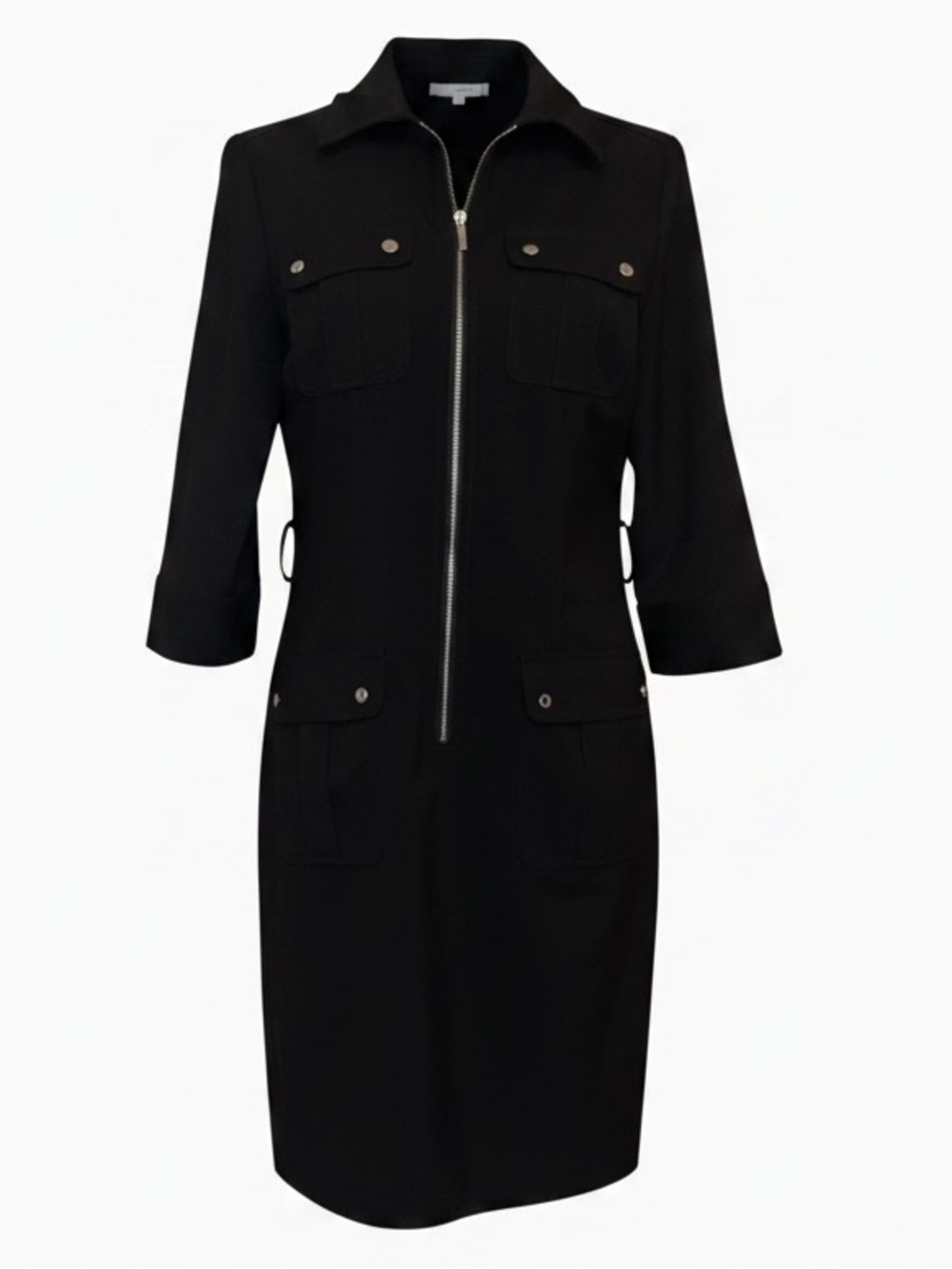 MICHAEL KORS Utility Midi Dress Front Zipper 3/4 Sleeves Black Size MEDIUM